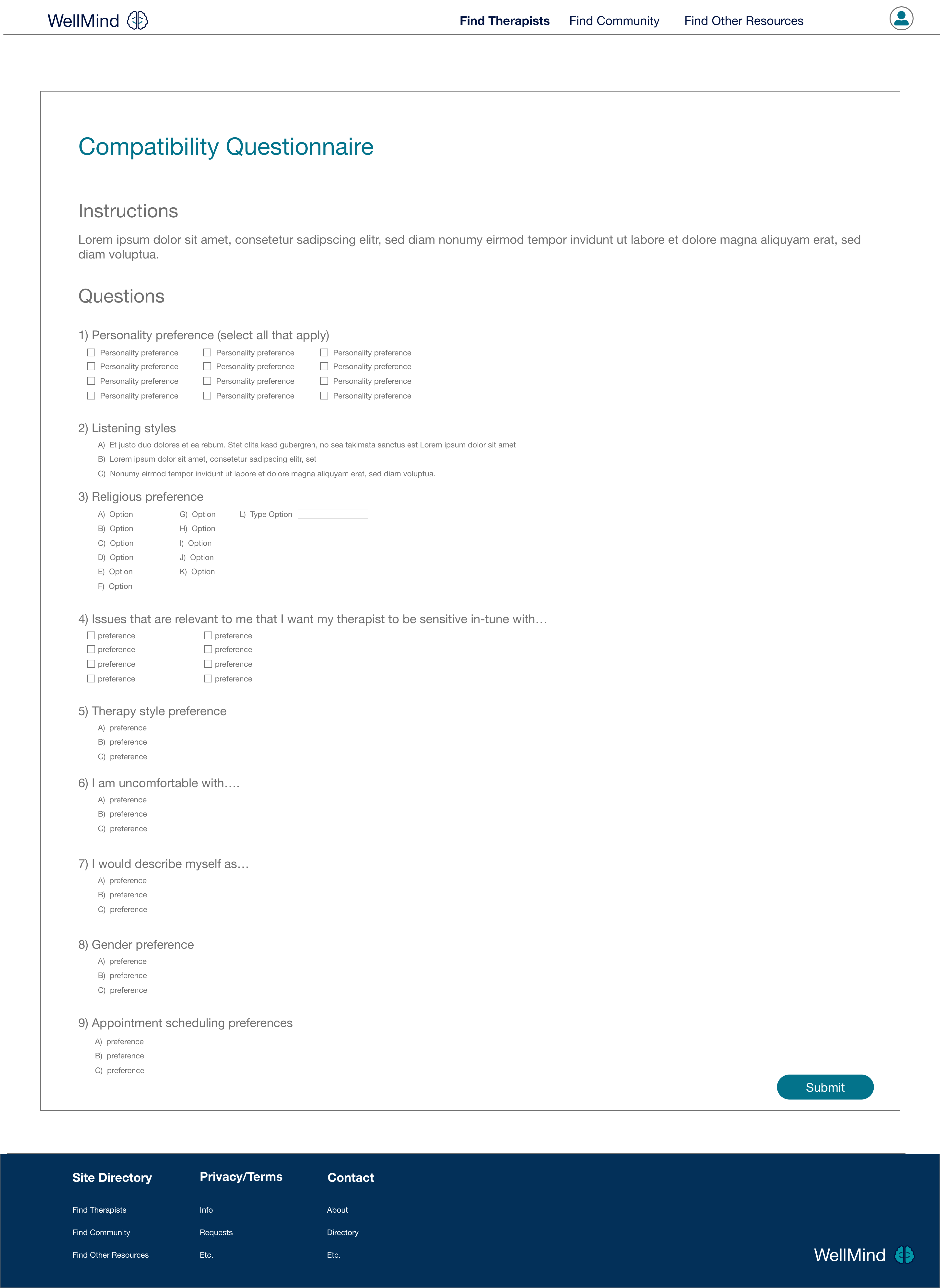 screenshot of mid fi compatibility questionnaire for WellMind